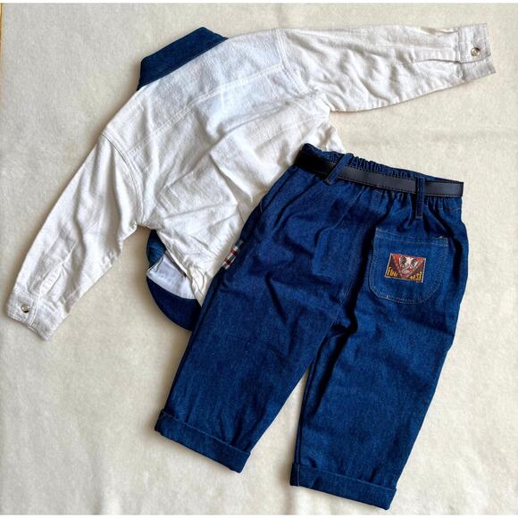 Vintage 90s MGM Kid's Fashion 3-Piece Pants Set Boys 12M Denim Patchwork Belt - Picture 3 of 10